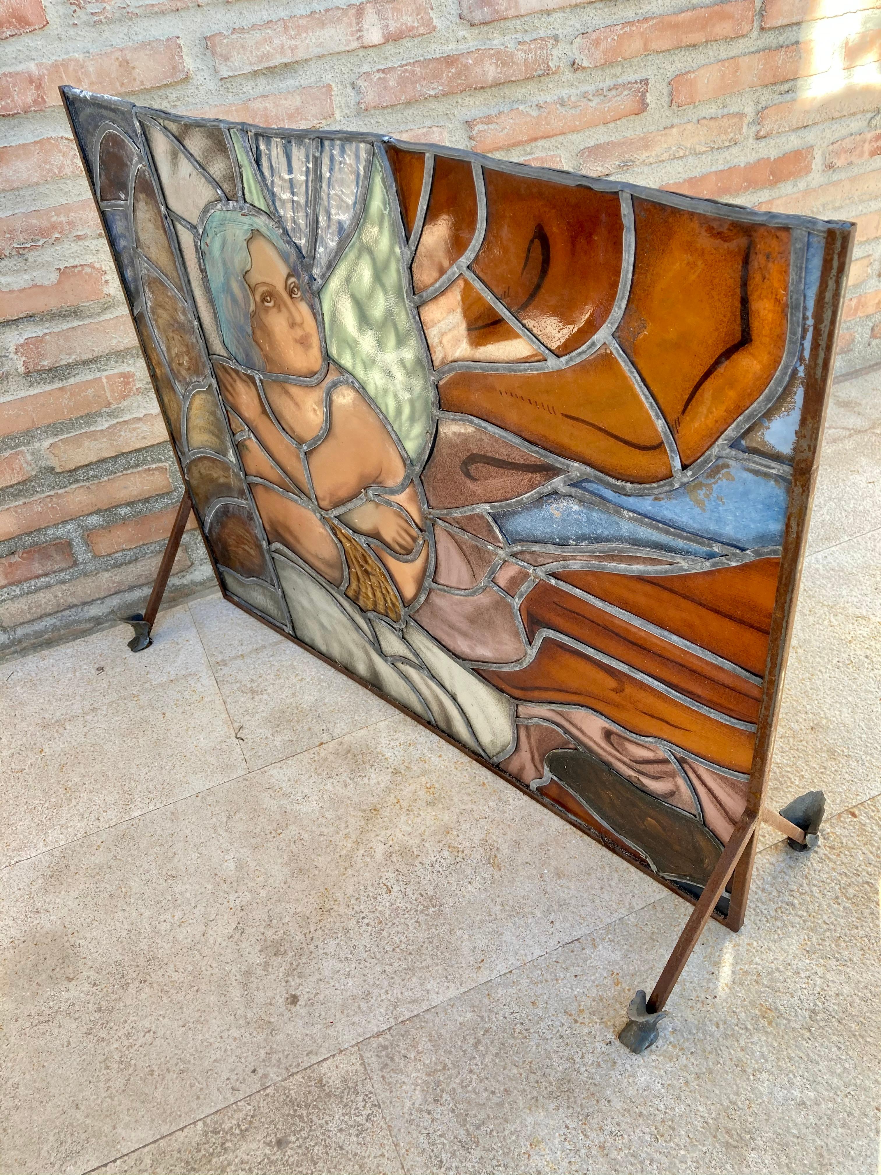 Art Glass Mid Century Hand Made Glass Painted and Iron Fire Screen For Sale