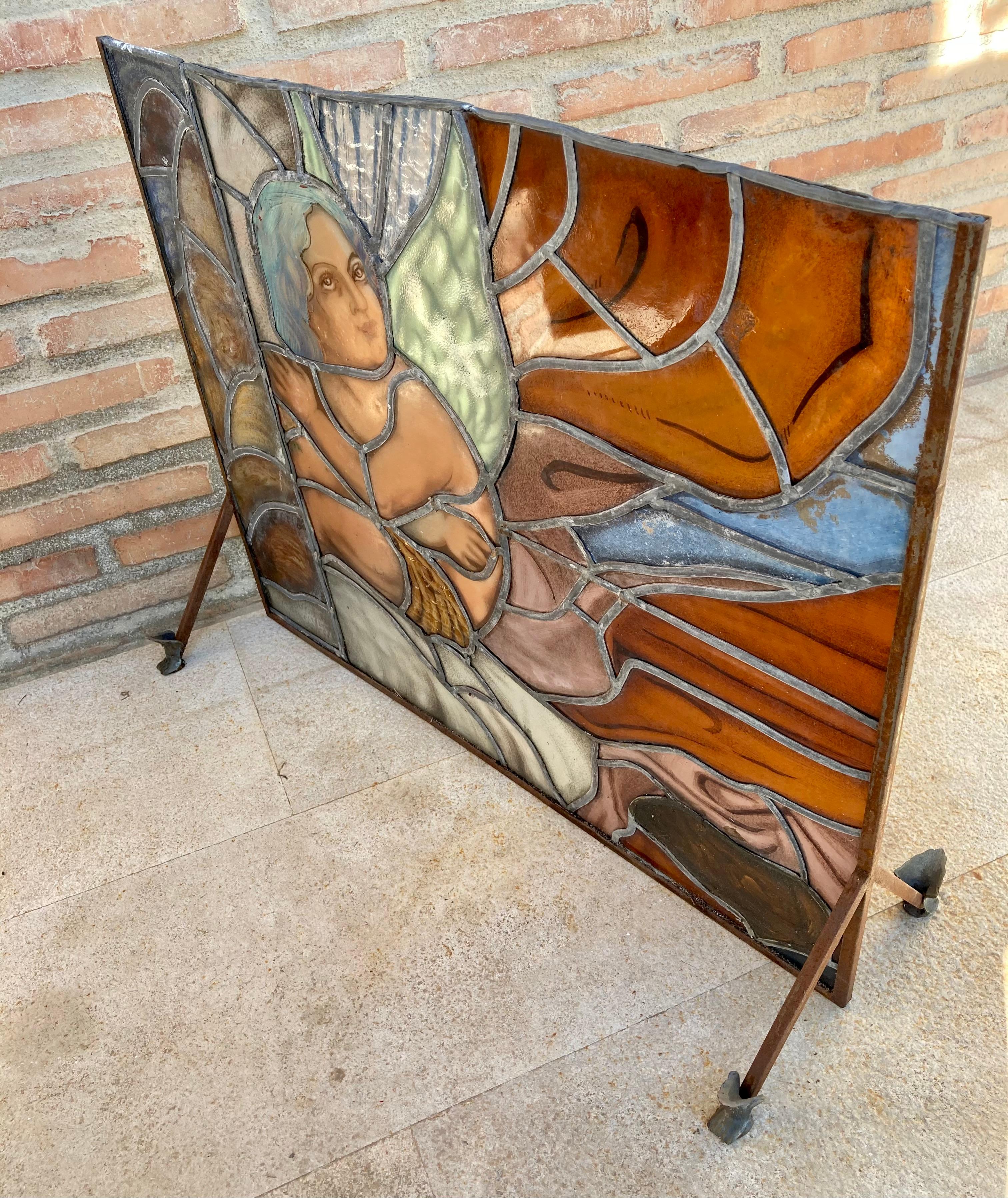 Mid Century Hand Made Glass Painted and Iron Fire Screen For Sale 1