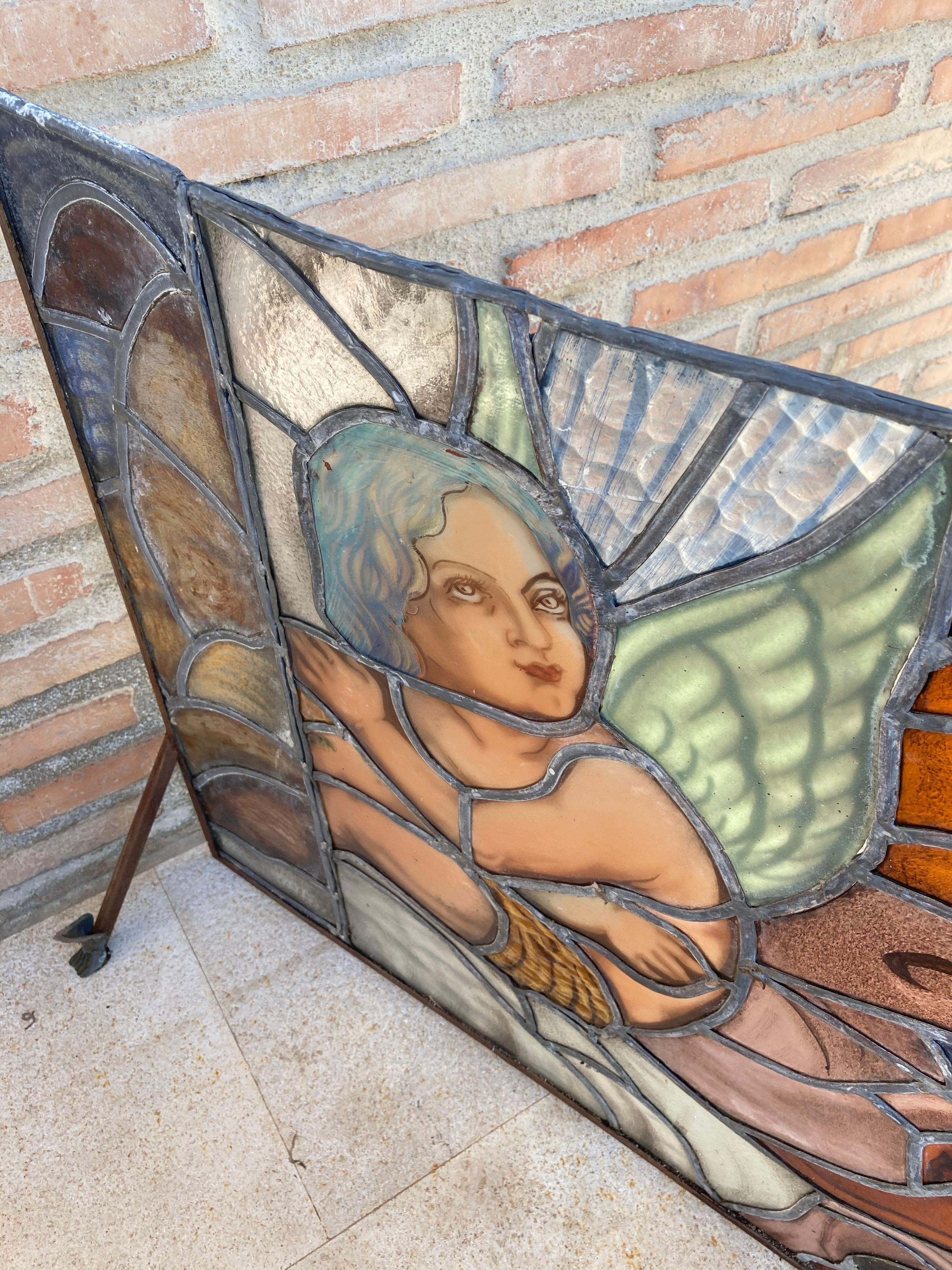 Mid Century Hand Made Glass Painted and Iron Fire Screen For Sale 2