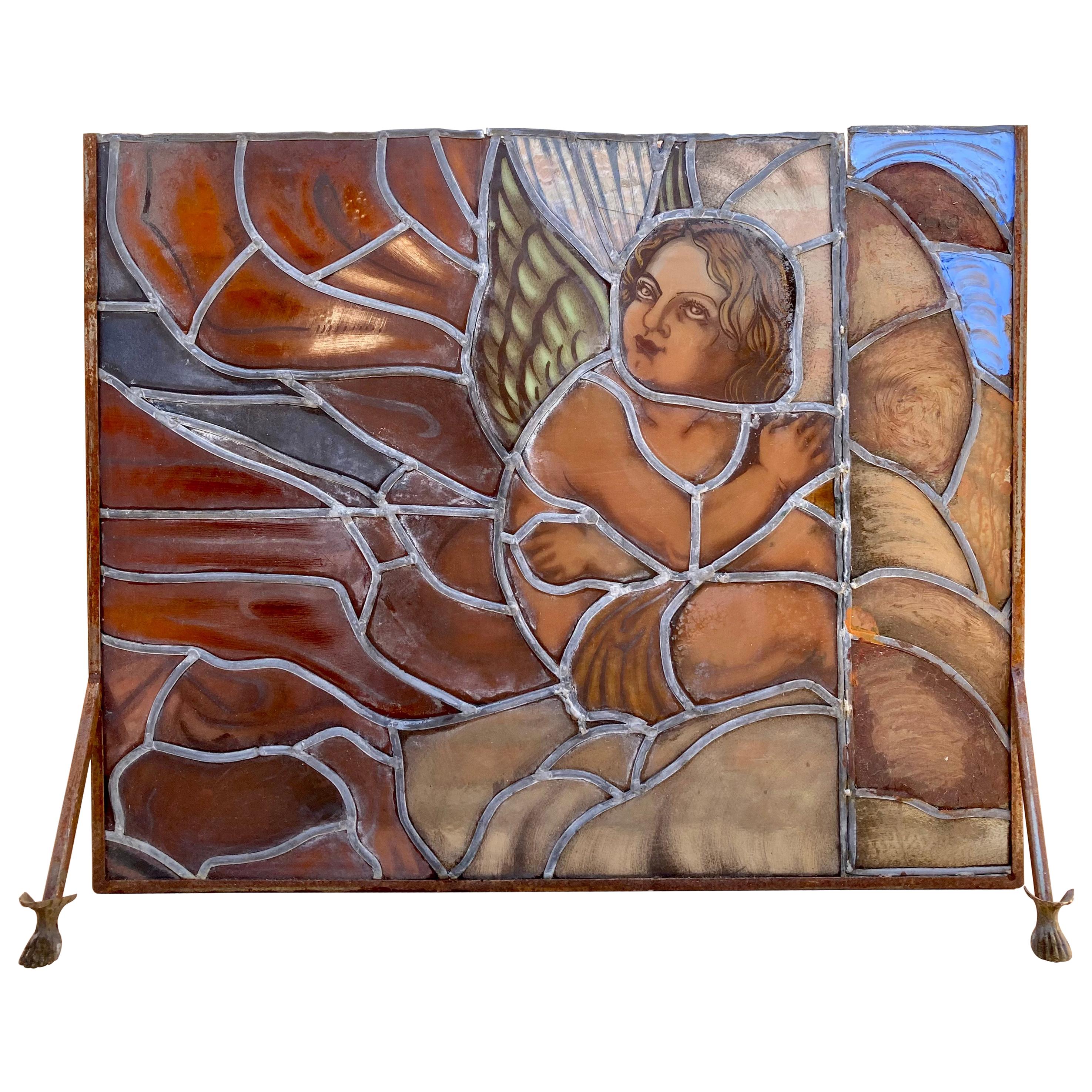 Mid Century Hand Made Glass Painted and Iron Fire Screen For Sale