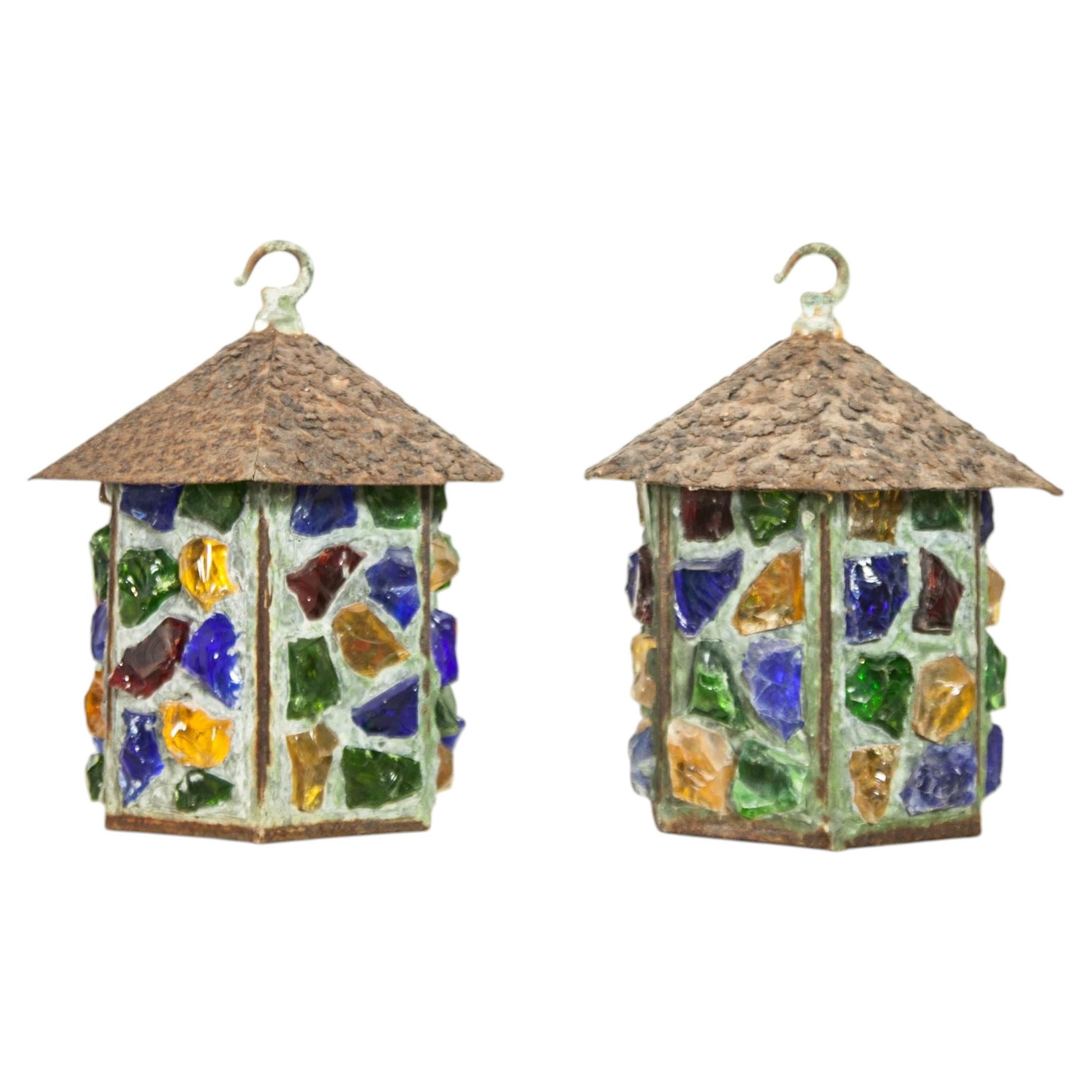 Mid century hand made glass Peter Marsh porch lanterns For Sale