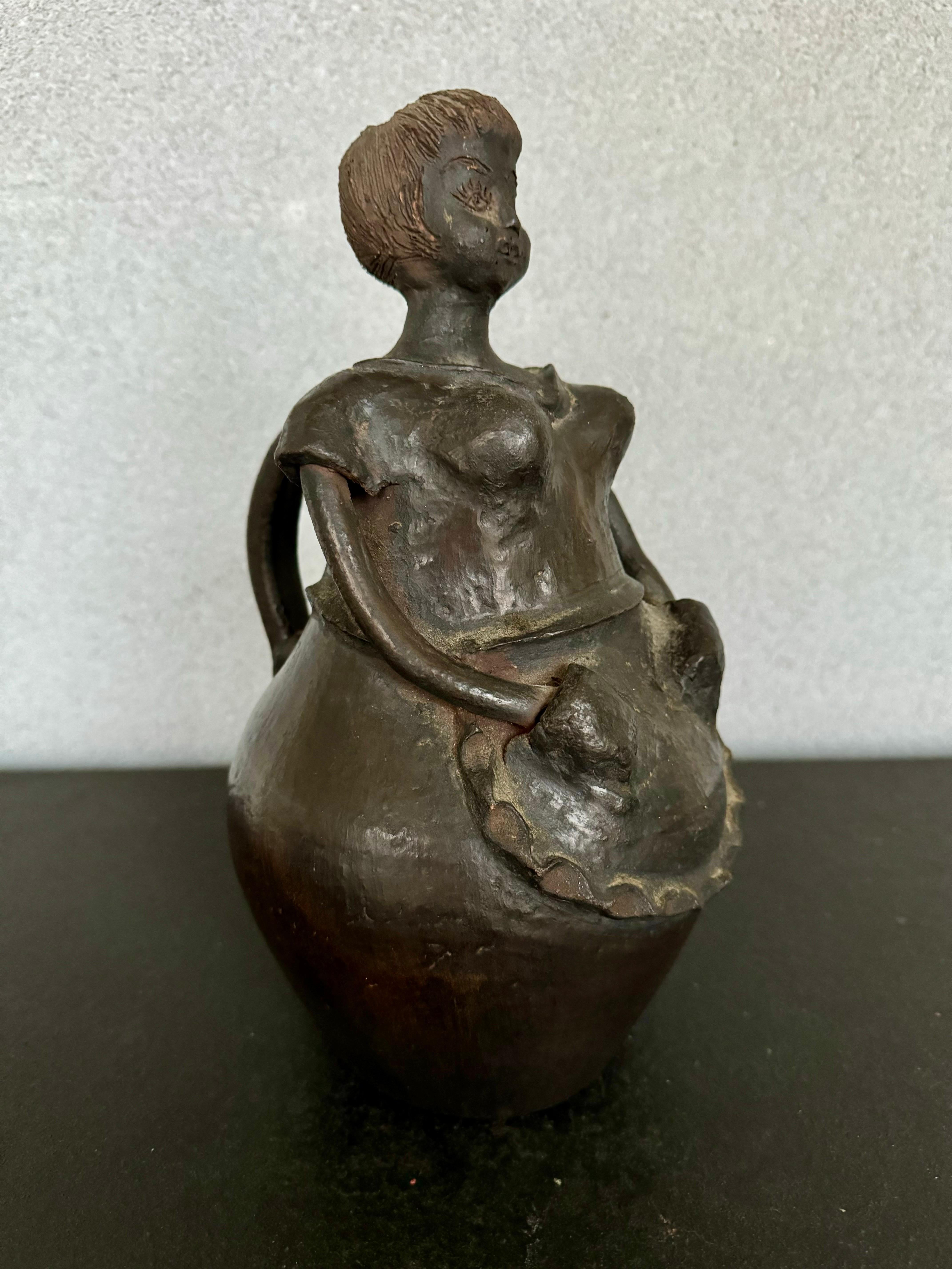 Mid-Century Hand-Made Pottery Pitcher Women Shape For Sale 3