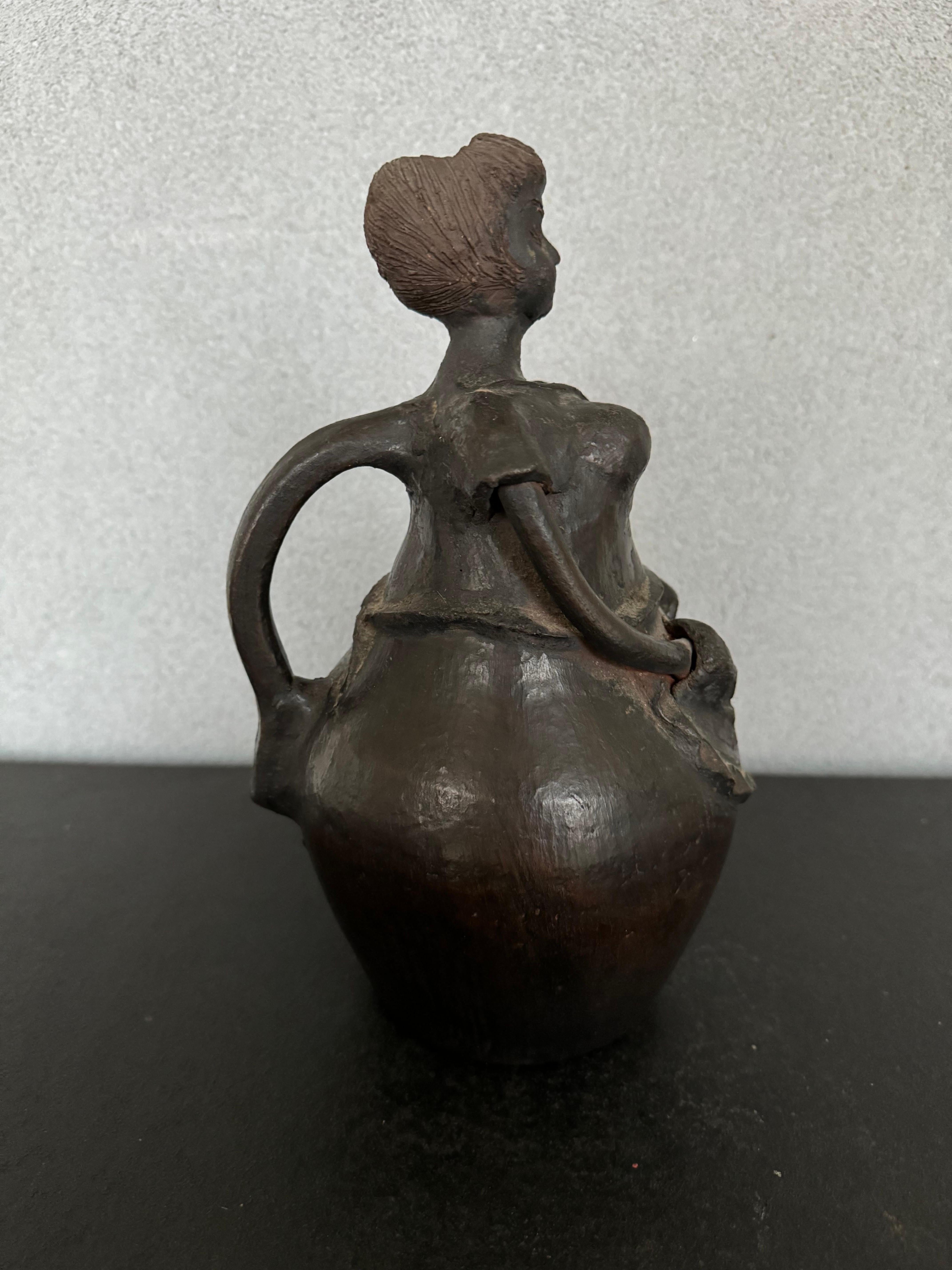 Mid-Century Modern Mid-Century Hand-Made Pottery Pitcher Women Shape For Sale