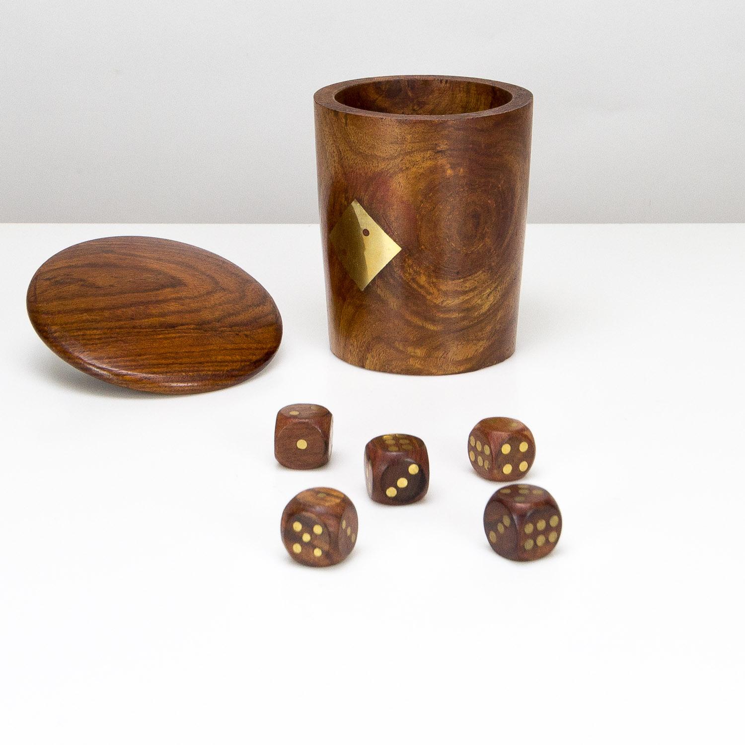 Midcentury Handmade Teak and Brass Dice Cup, Denmark, 1960s In Good Condition In Berkhamsted, GB