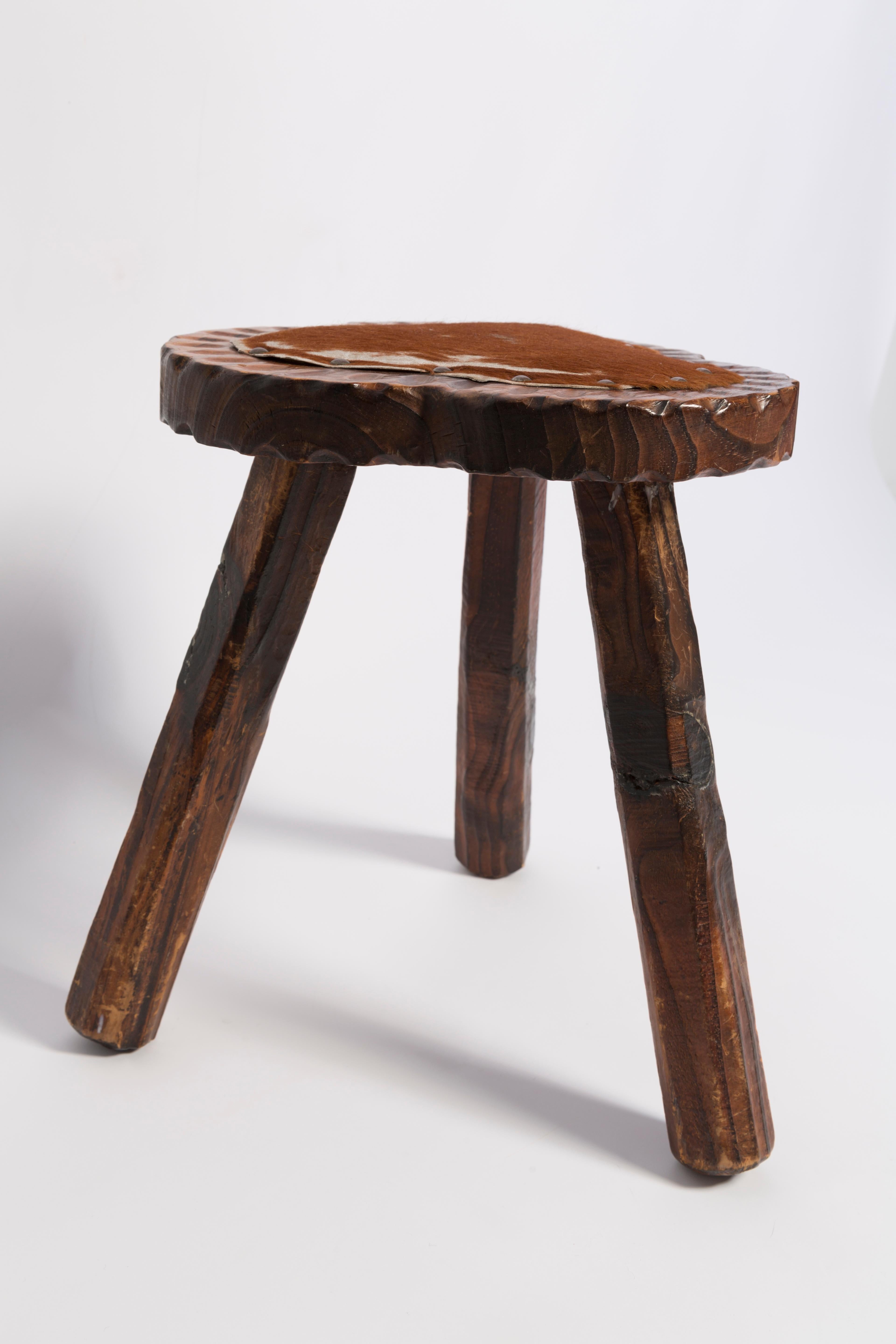 Mid Century Hand Made Vintage Stool, Wood and Cow Fur, France, 1960 For Sale 2