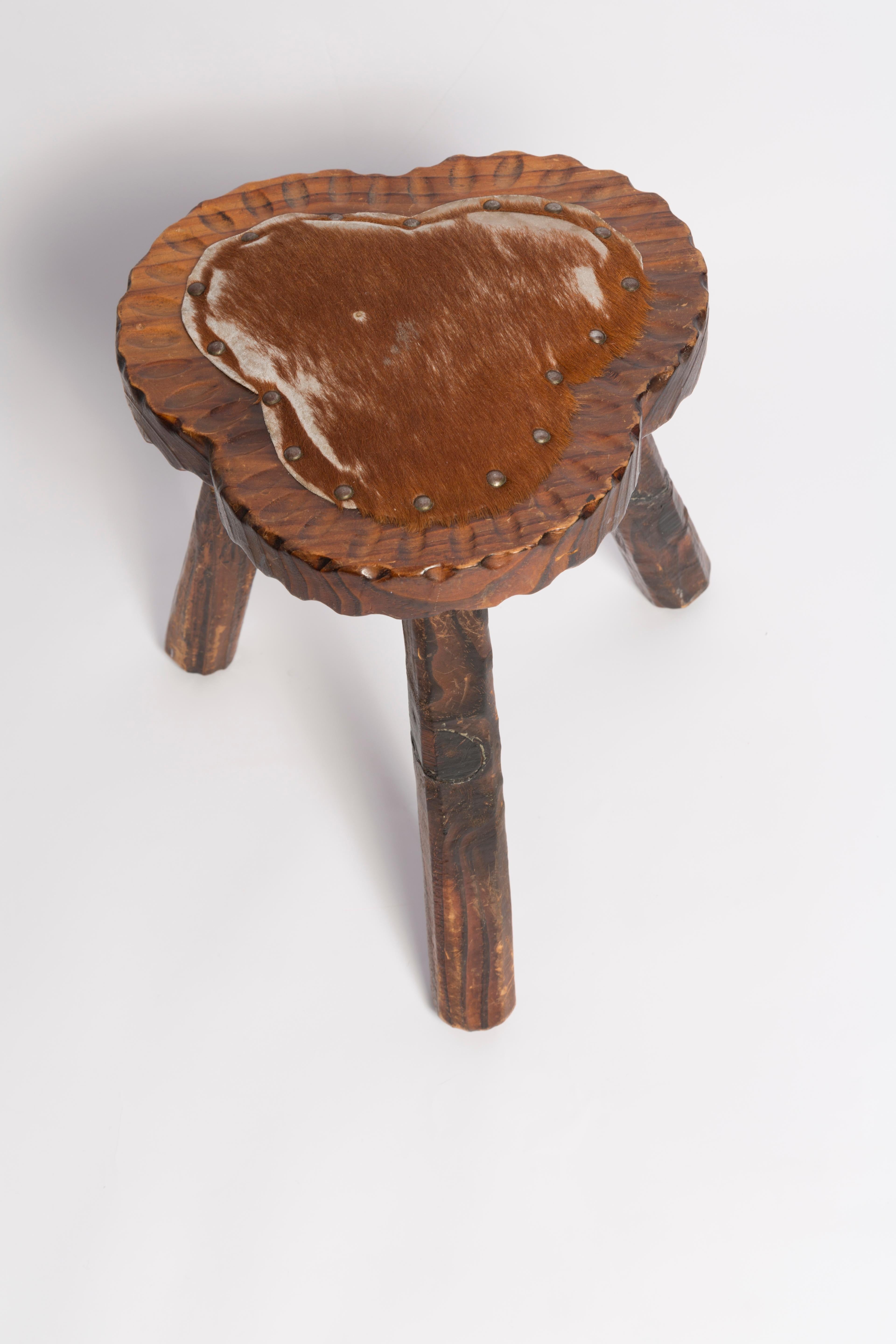 Mid-Century Modern Mid Century Hand Made Vintage Stool, Wood and Cow Fur, France, 1960 For Sale