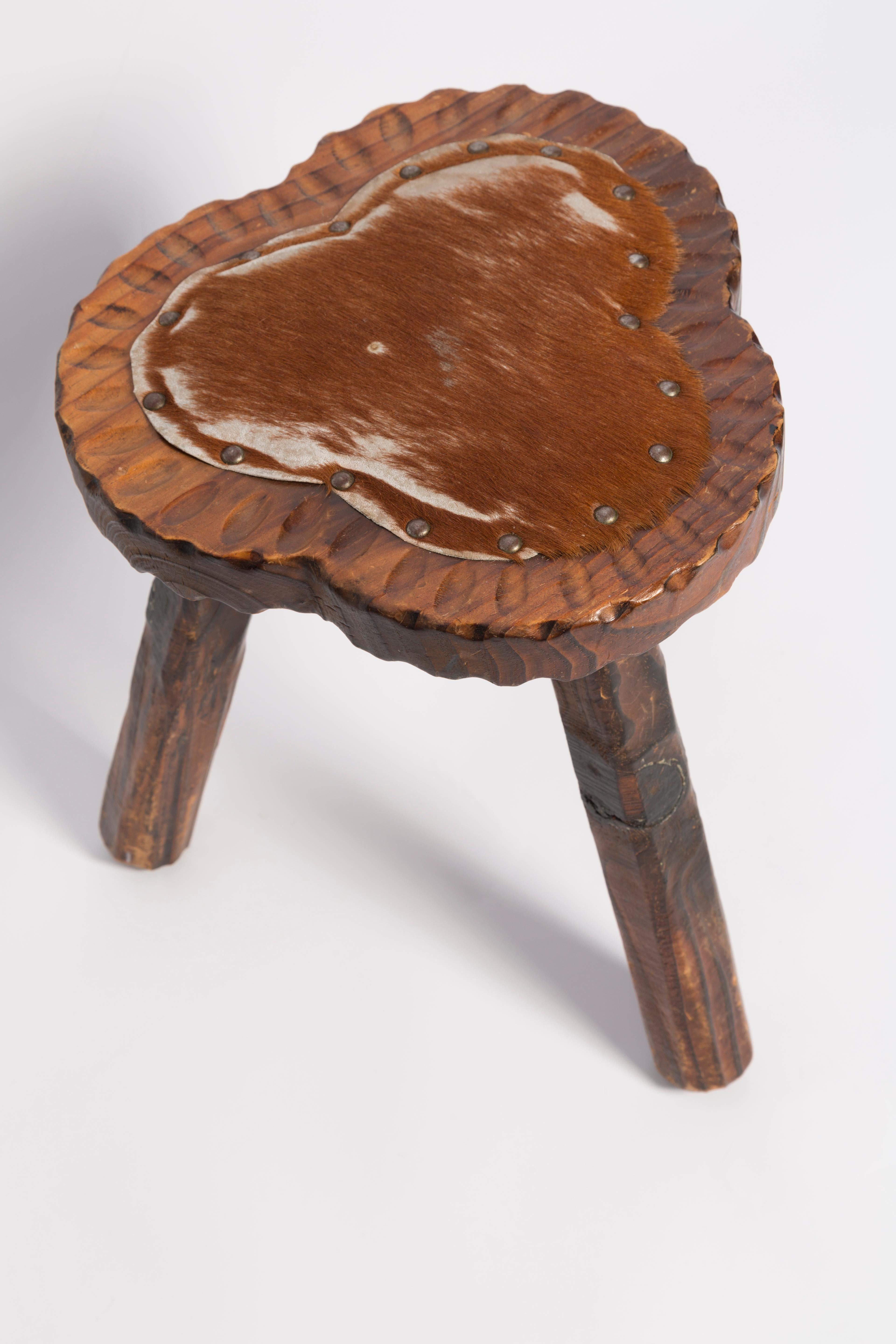French Mid Century Hand Made Vintage Stool, Wood and Cow Fur, France, 1960 For Sale