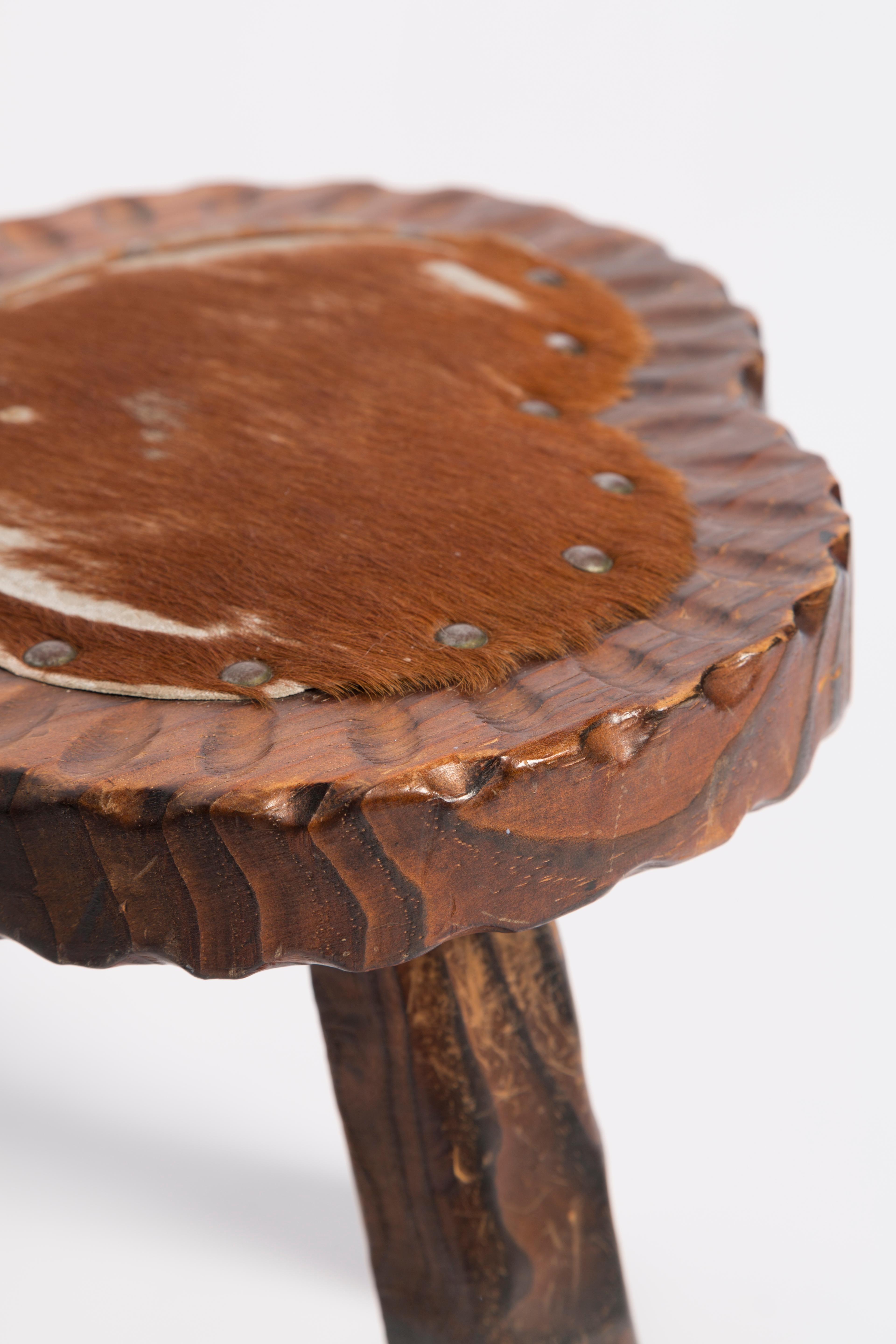 Hand-Painted Mid Century Hand Made Vintage Stool, Wood and Cow Fur, France, 1960 For Sale