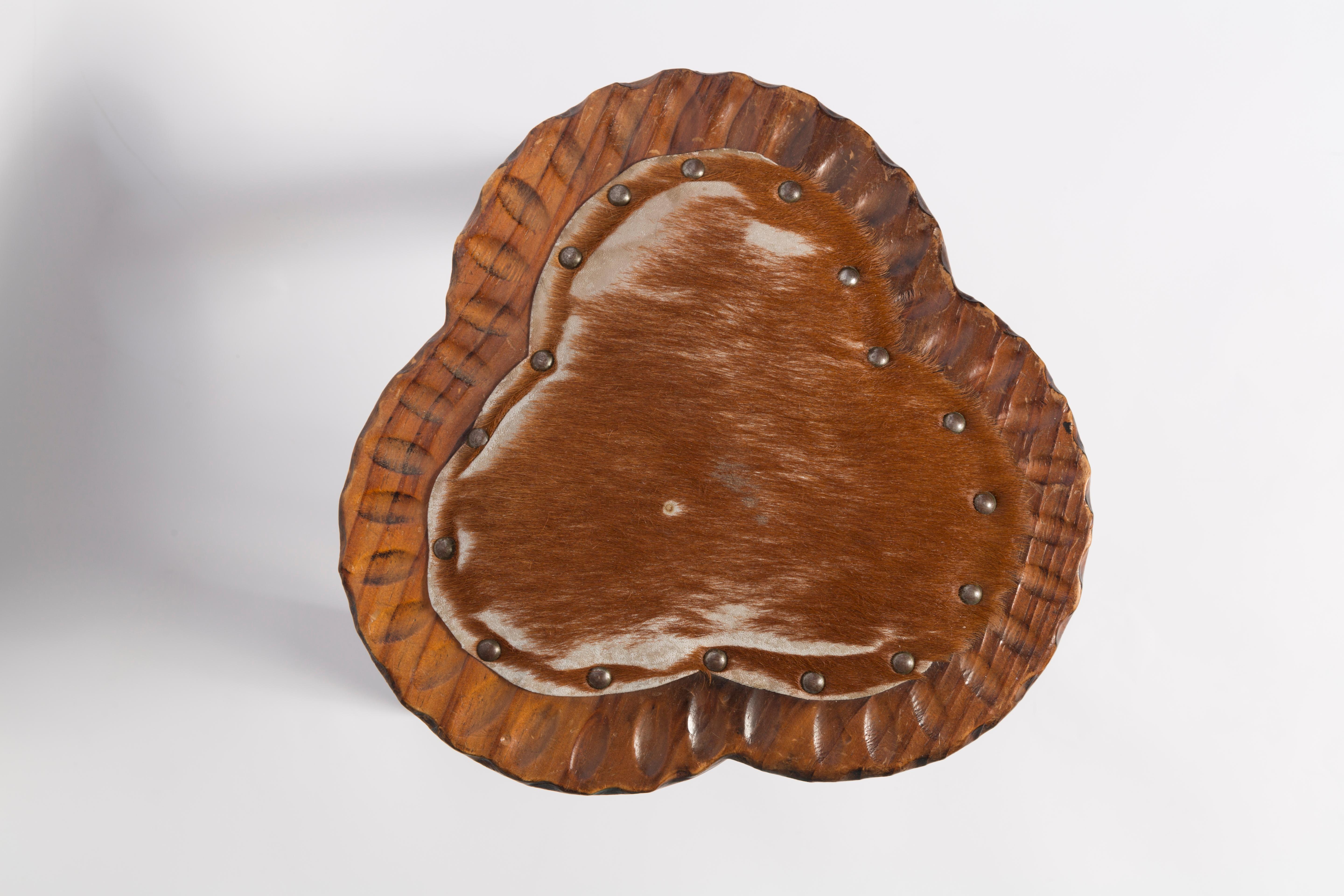 20th Century Mid Century Hand Made Vintage Stool, Wood and Cow Fur, France, 1960 For Sale