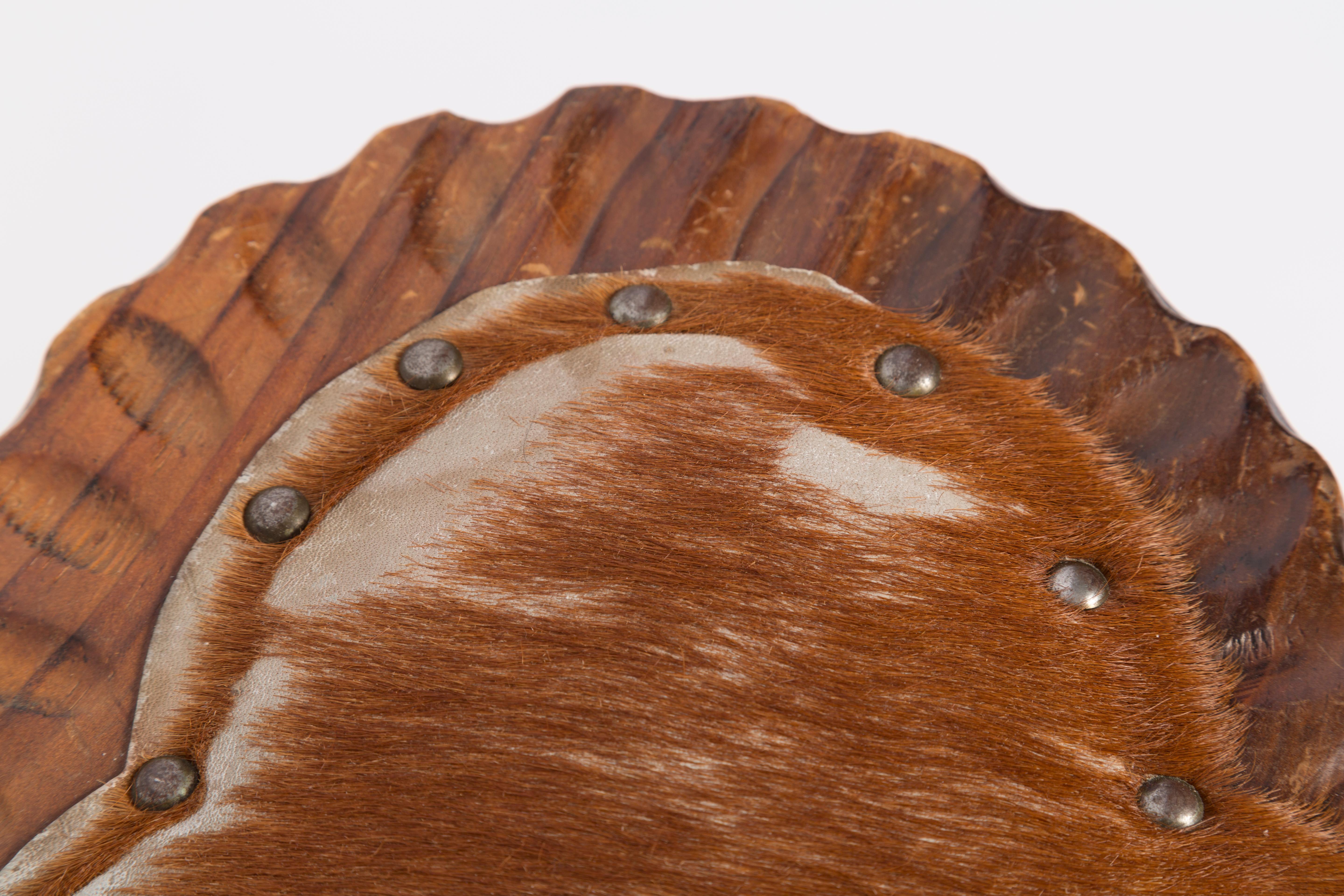 Fabric Mid Century Hand Made Vintage Stool, Wood and Cow Fur, France, 1960 For Sale