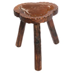 Mid Century Hand Made Vintage Stool, Wood and Cow Fur, France, 1960