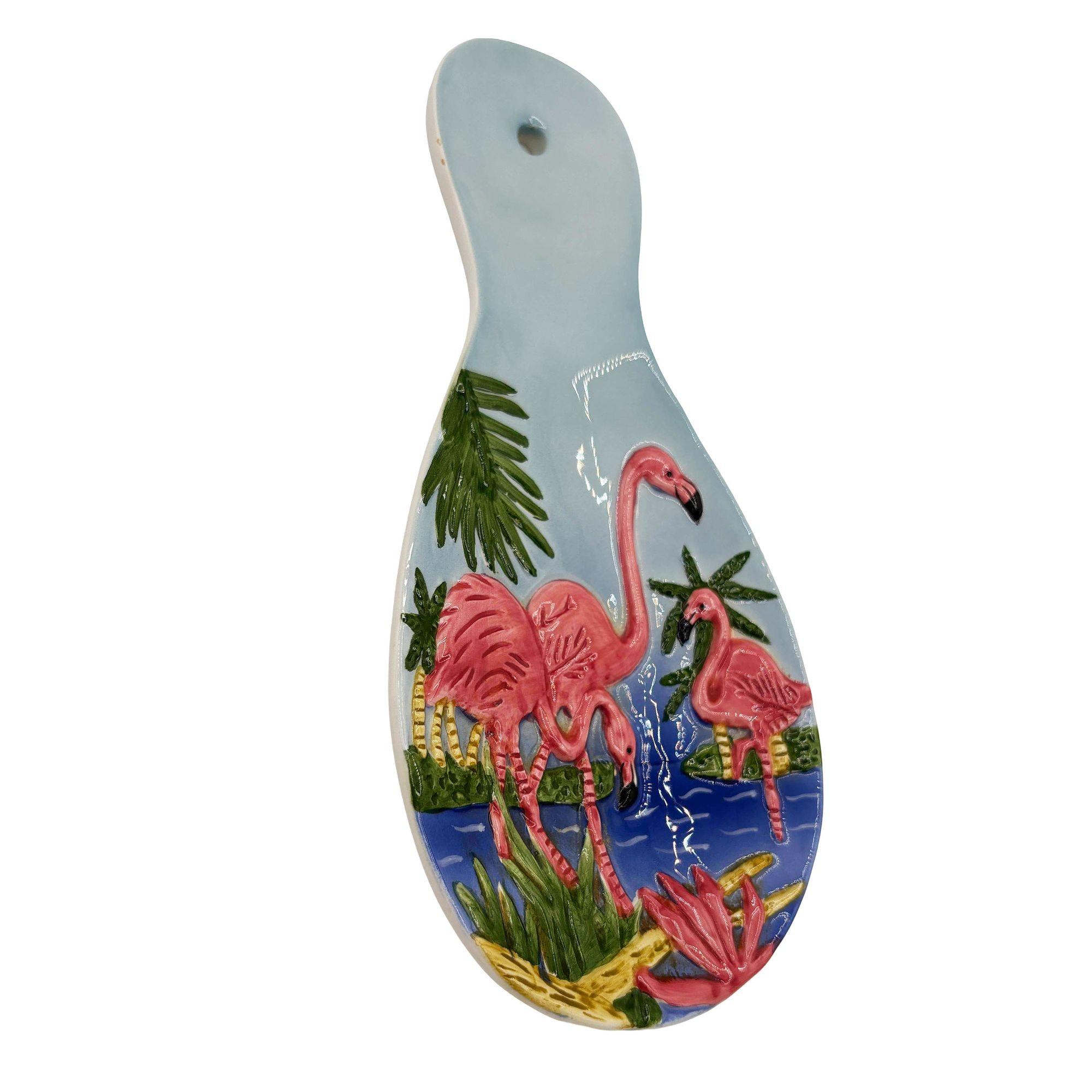 Mid-Century Modern Mid-century Hand Painted 3d Flamingo on a Tropical Beach Themed Spoon Rest en vente