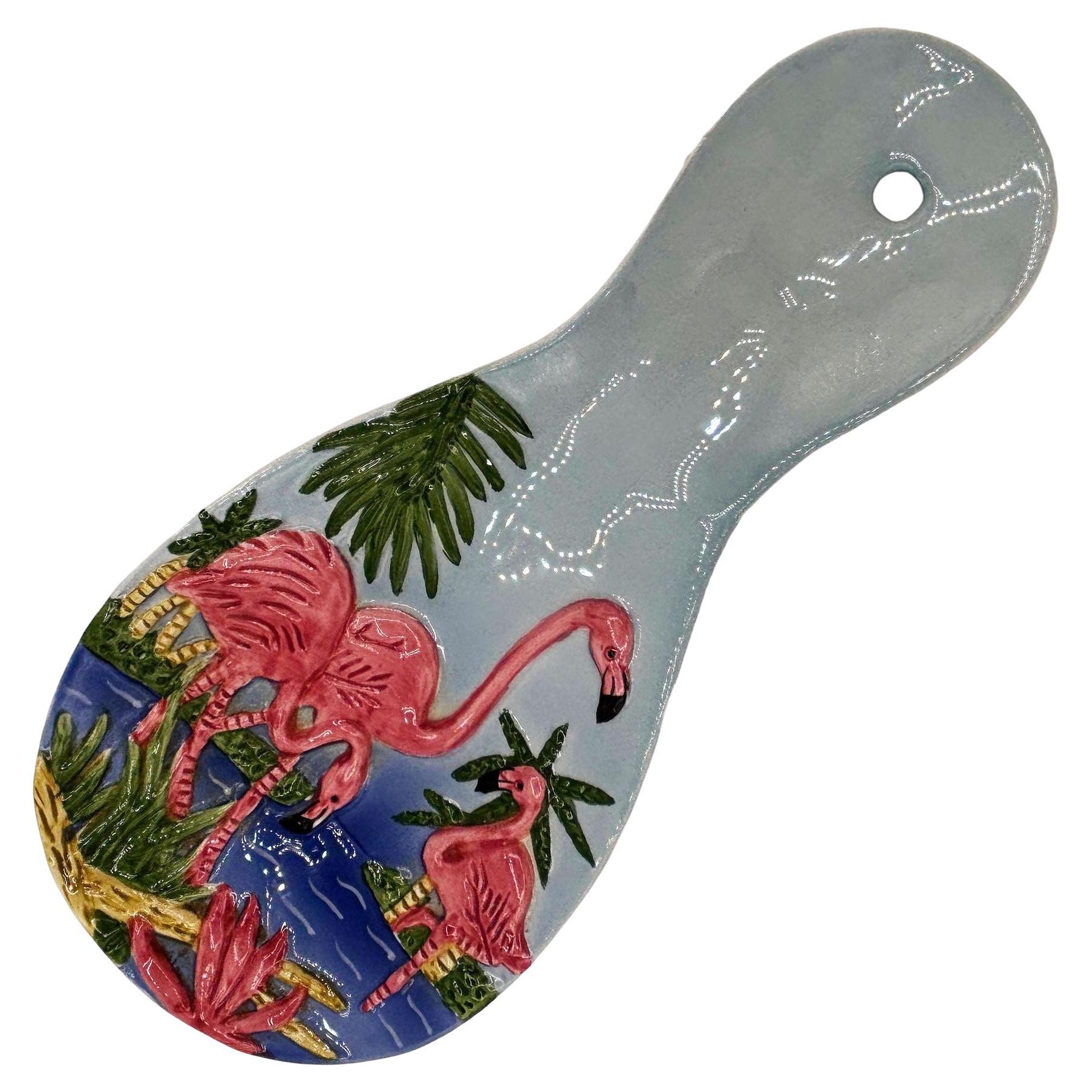 Mid-century Hand Painted 3d Flamingo on a Tropical Beach Themed Spoon Rest