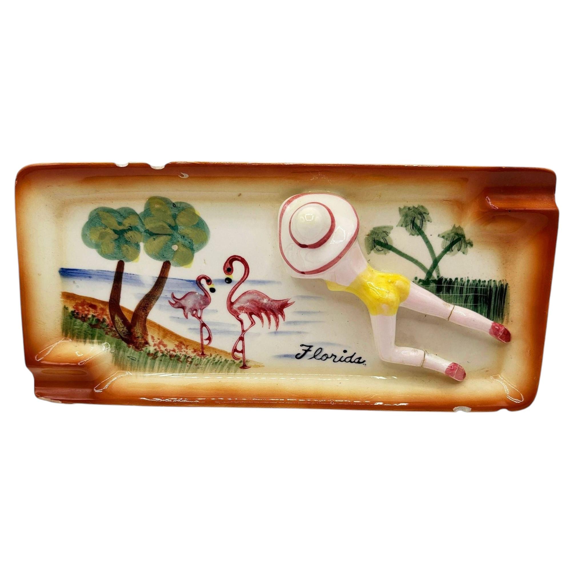 Mid-century Hand Painted 3D Women on Florida Beach Ceramic Ashtray For Sale