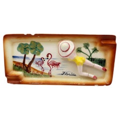 Mid-century Hand Painted 3D Women on Florida Beach Ceramic Ashtray