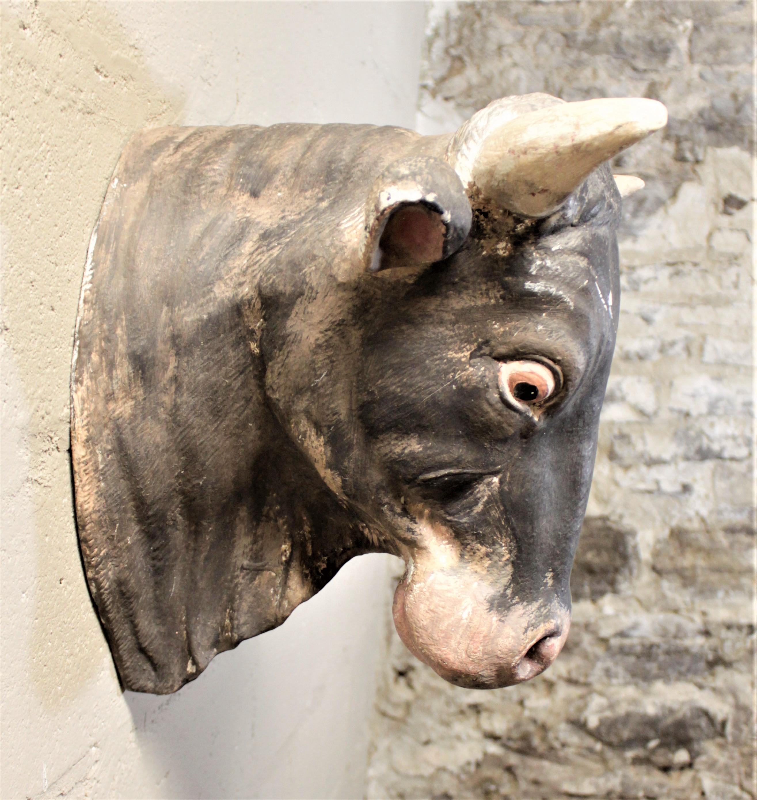 Molded Mid-Century Hand Painted Bull's Head Butcher's Shop Advertising Wall Sculpture For Sale