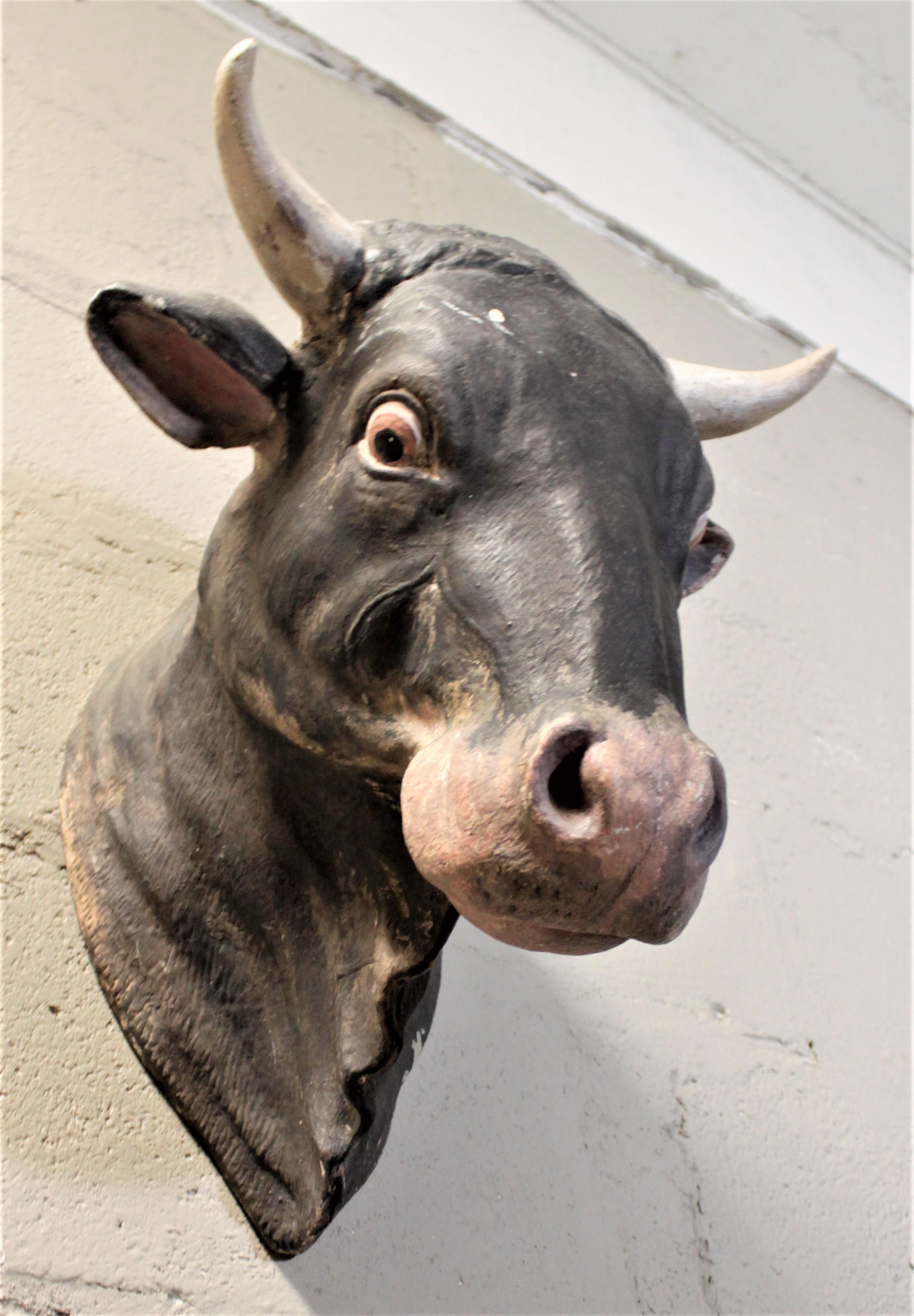 Mid-Century Hand Painted Bull's Head Butcher's Shop Advertising Wall Sculpture In Good Condition For Sale In Hamilton, Ontario