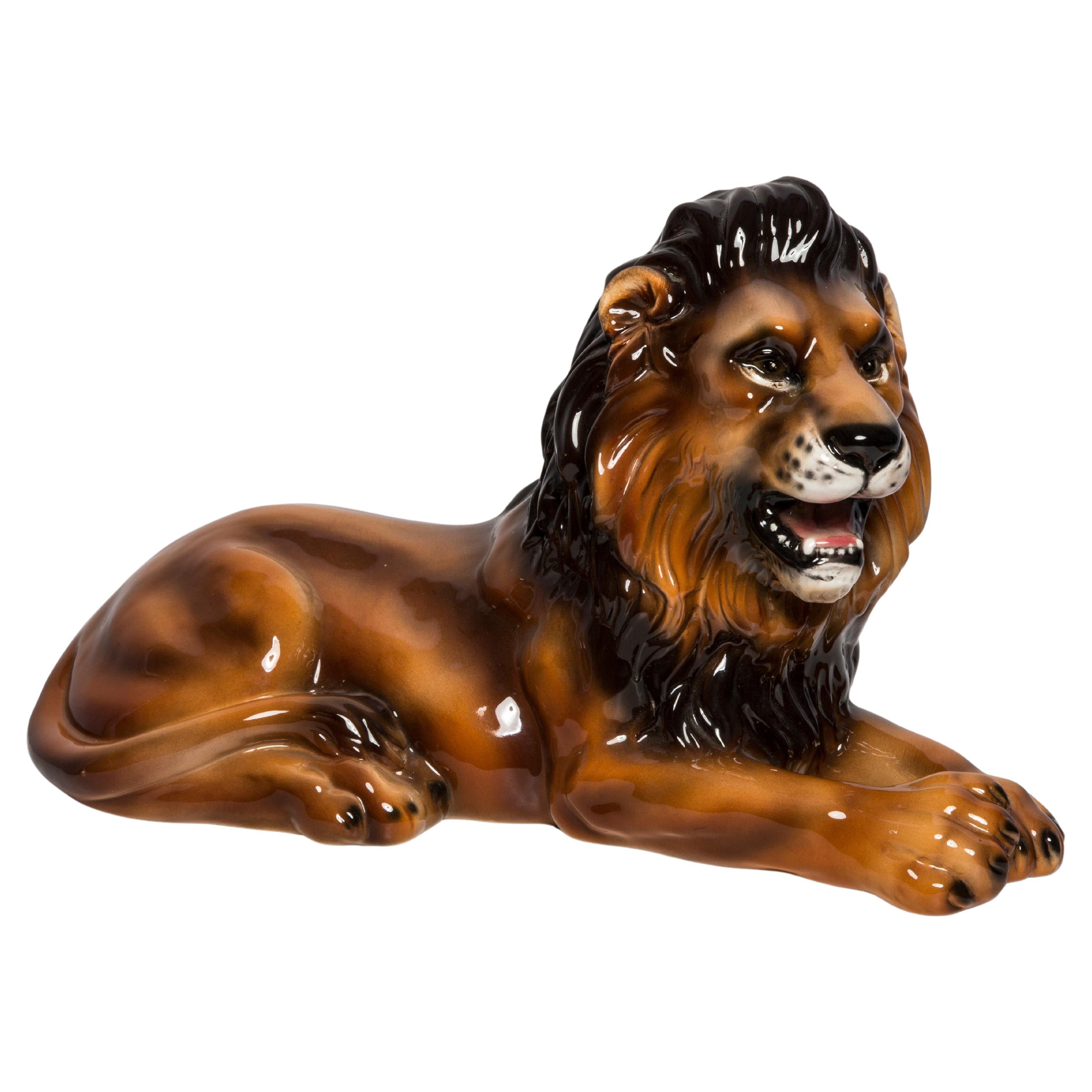 Mid Century Hand Painted Ceramic Lion Sculpture, Italy, 1960s