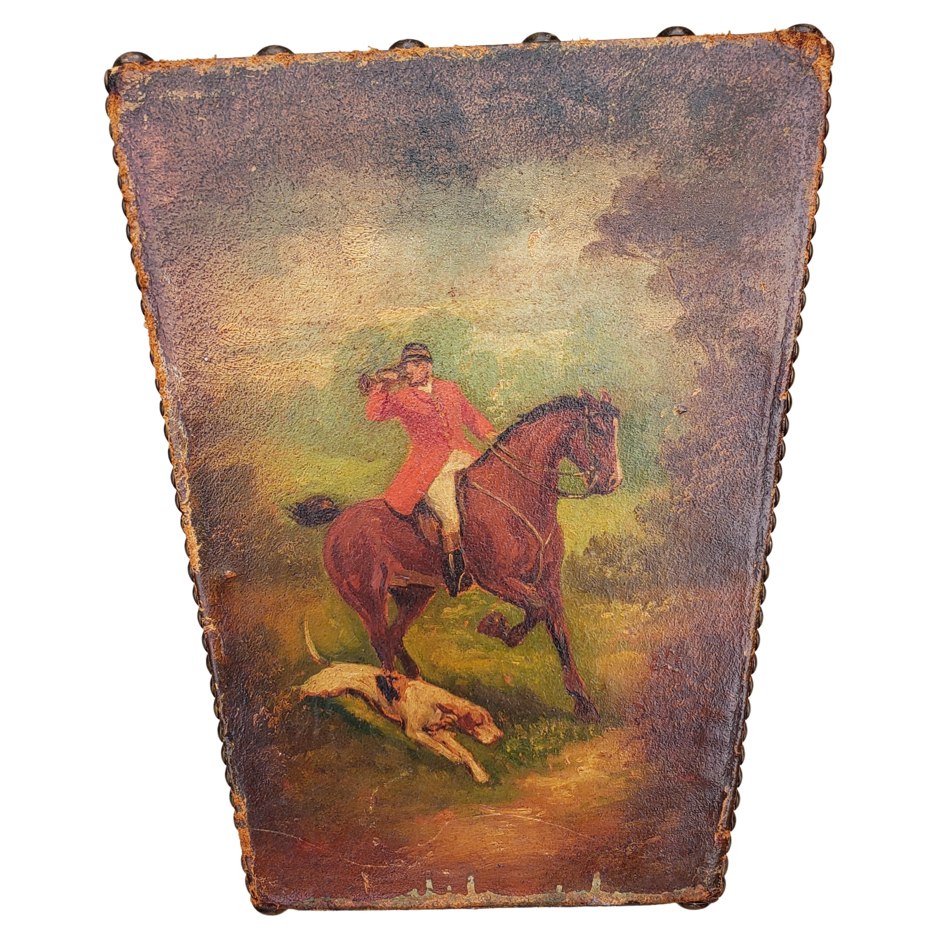 Authentic Cowhide on wood Nailhead top and oil Handpainted throughout. Each of the 4 sides depicts a different scene. Primary used as an executive waste bin and may also be used as a planter. Measures 11