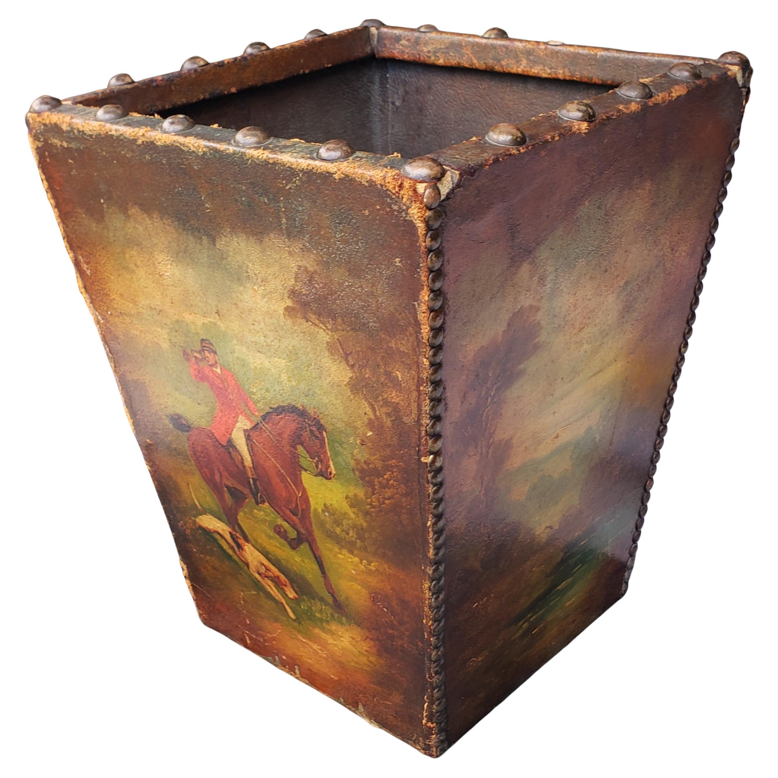 Mid-Century Hand-Painted Decorated Leather Square Waste Bin or Planter
