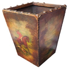Mid-Century Hand-Painted Decorated Leather Square Waste Bin or Planter