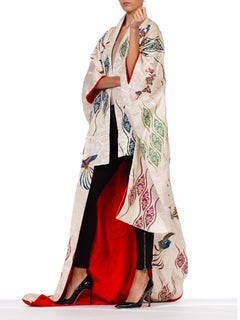 1960S Cream Multi  Silk Mid-Century Hand Painted & Embroidered Japanese Bird Pr