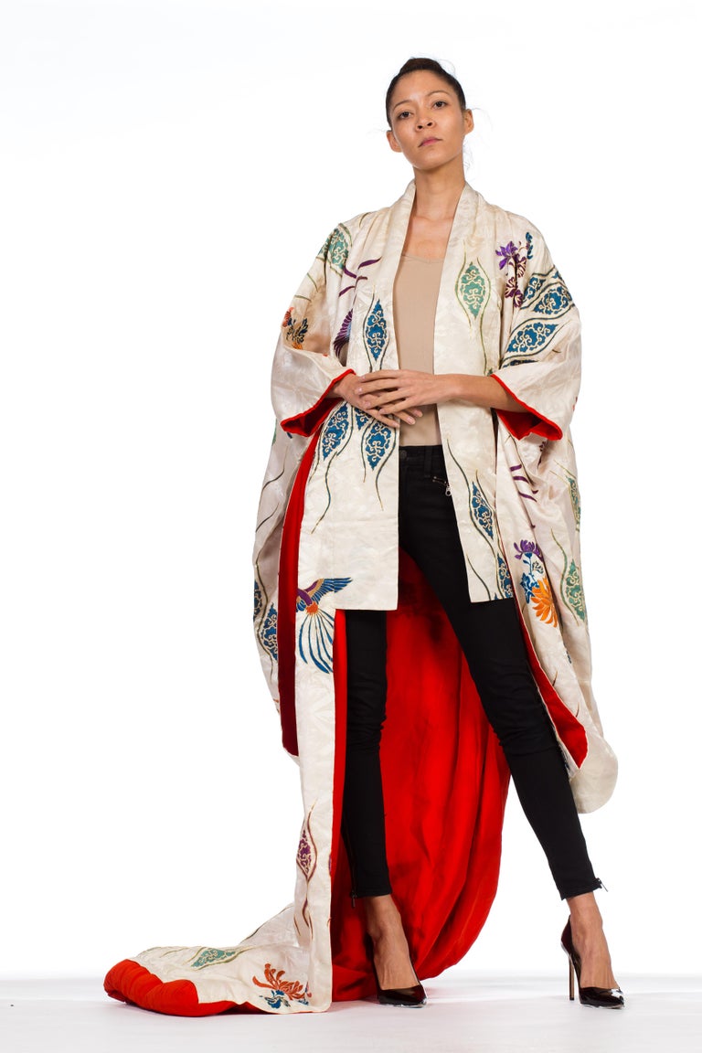 Mid-Century Hand Painted and Embroidered Japanese Silk Kimono with Gold ...