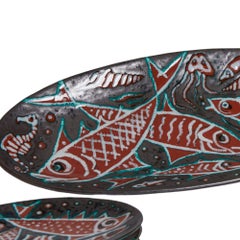 Mid Century Hand Painted Fish Platter & Dinner Plates