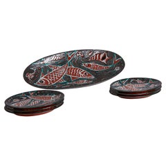 Mid Century Hand Painted Fish Platter & Dinner Plates