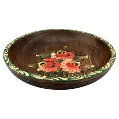 Mid-Century Hand-Painted Folk Art Wooden Bowl, Floral Tole Design