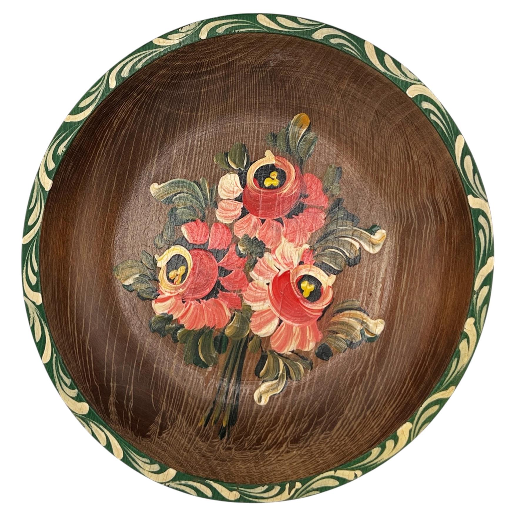Mid-Century Hand-Painted Folk Art Wooden Bowl, Floral Tole Design