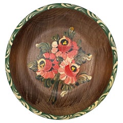 Mid-Century Hand-Painted Folk Art Wooden Bowl, Floral Tole Design