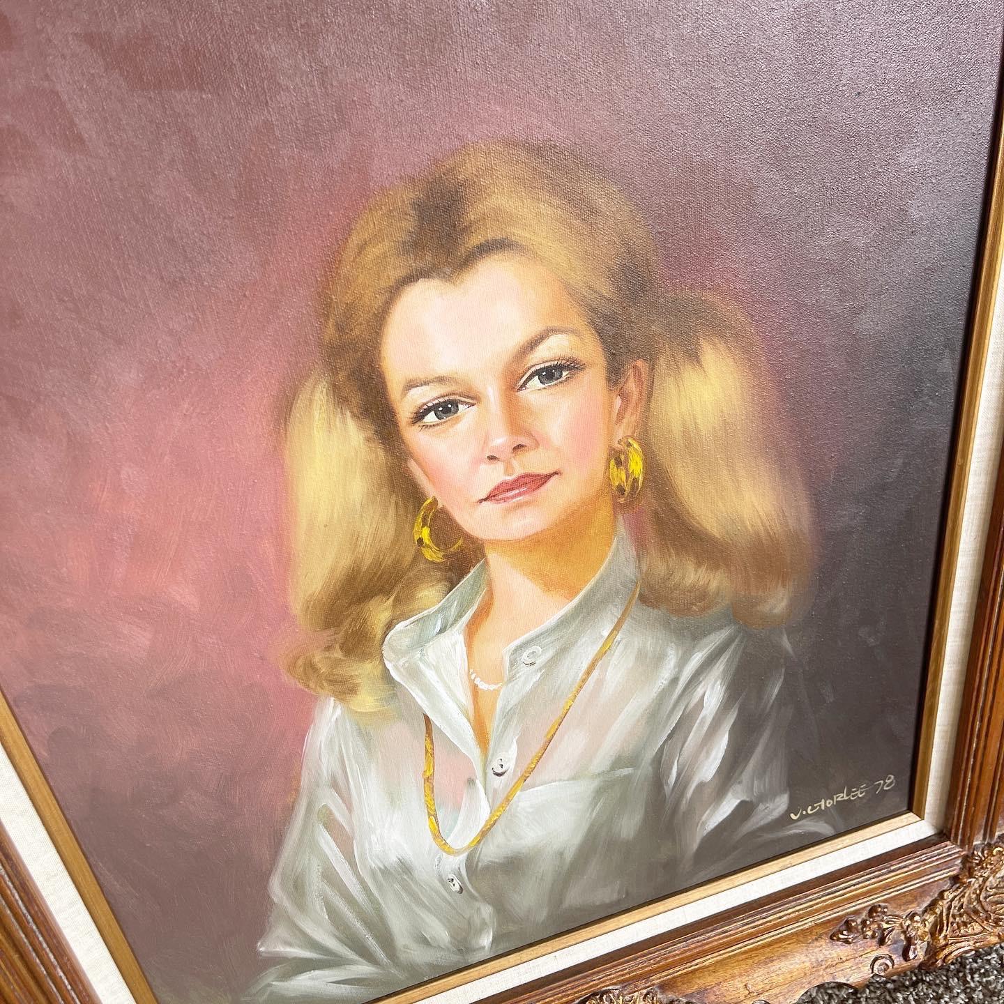 Mid Century Hand Painted, Framed and Signed Portrait of Lady 1978 In Good Condition For Sale In Delray Beach, FL