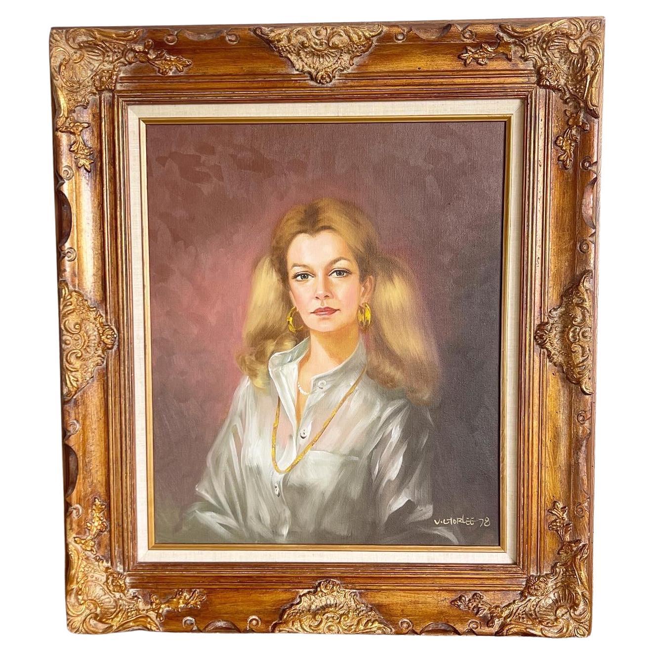 Mid Century Hand Painted, Framed and Signed Portrait of Lady 1978