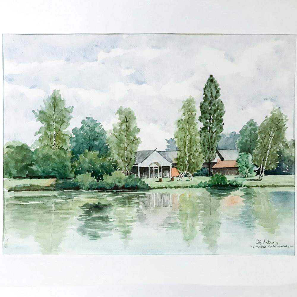 Mid- Century hand painted watercolor by Pol Antonis displays the artist's keen impressionistic talent in the media with a comfortable waterfront home. Entitled in Dutch 