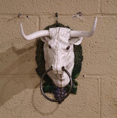 Mid-Century Hand Painted French Metal Butcher Cow Head Sculpture with Ring