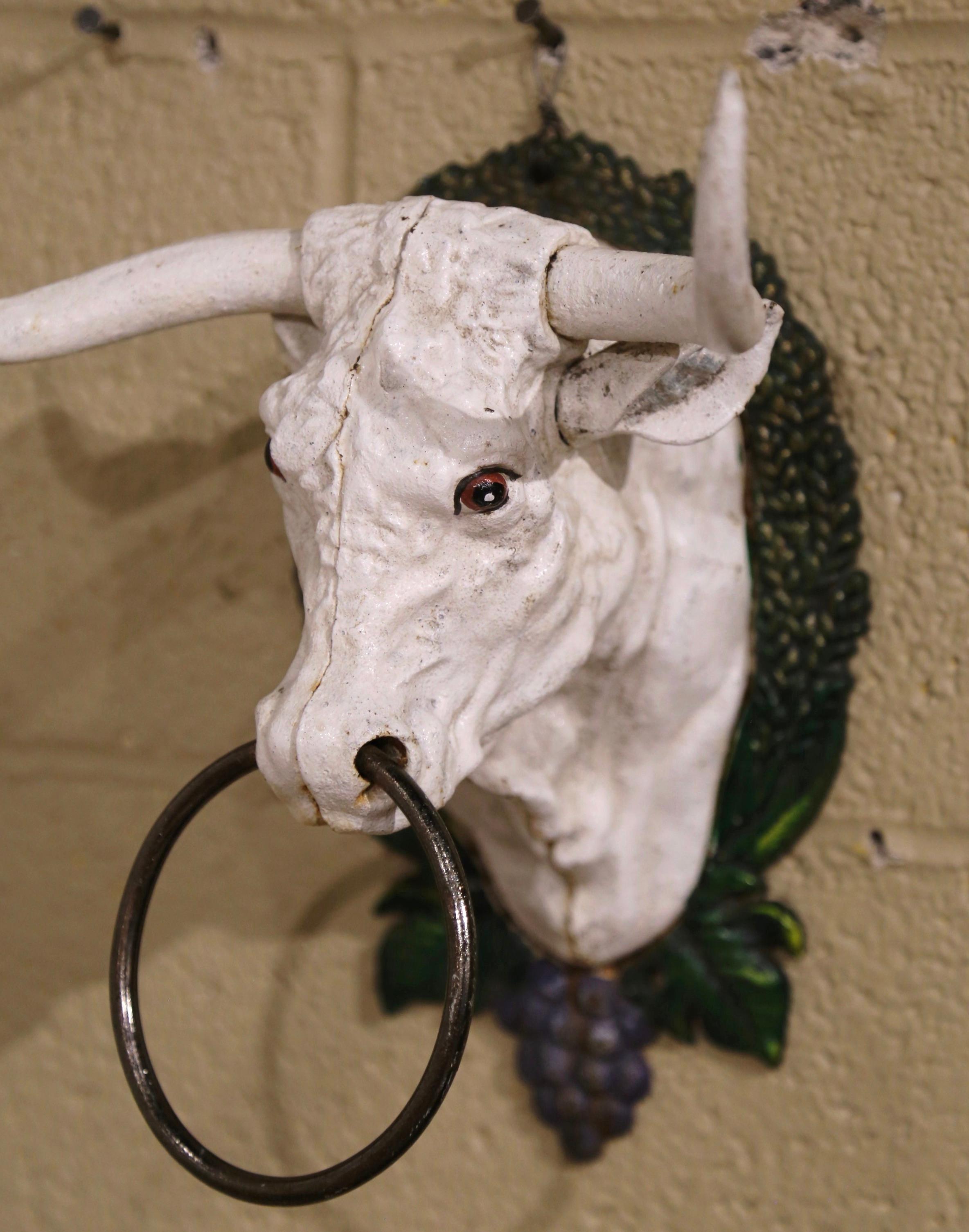 Mid-Century Hand Painted French Metal Butcher Cow Head Sculpture with Ring In Excellent Condition In Dallas, TX