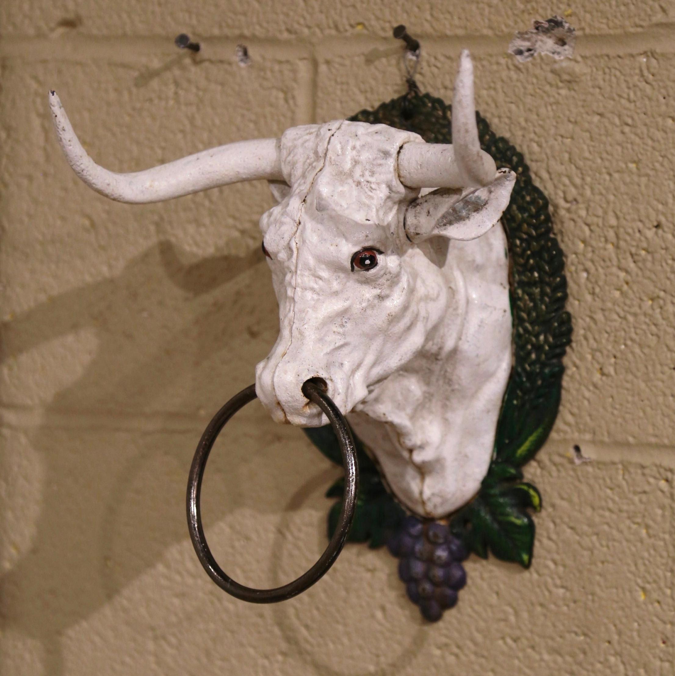 20th Century Mid-Century Hand Painted French Metal Butcher Cow Head Sculpture with Ring