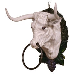 Mid-Century Hand Painted French Metal Butcher Cow Head Sculpture with Ring