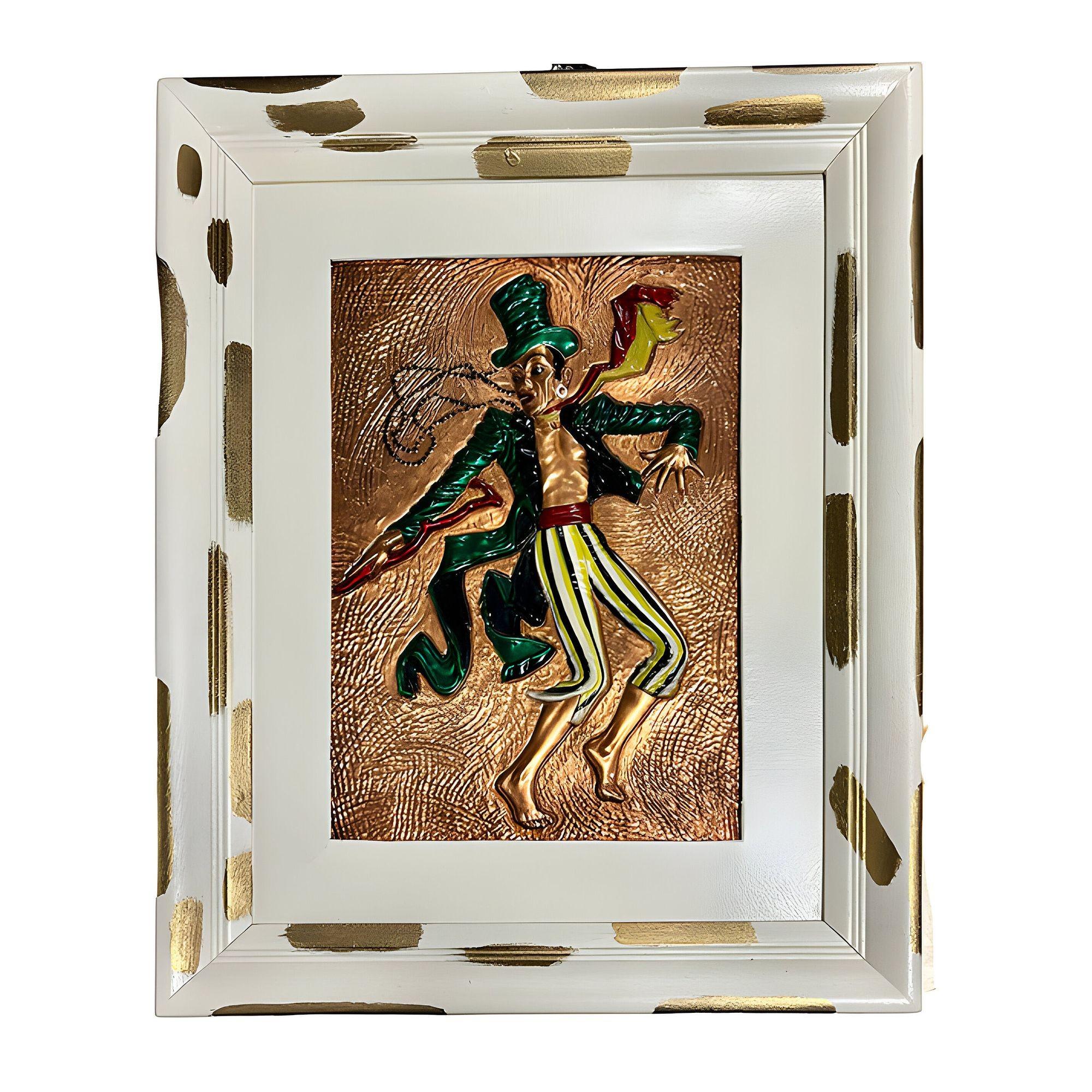 Original Mid-century hand-painted hammered copper relief wall art pair featuring a Haitian couple in Mardi Gras dress complete with beads. The man is in a suit with a top hat and the woman is in a Caribbean-style dress. Both are displayed in their