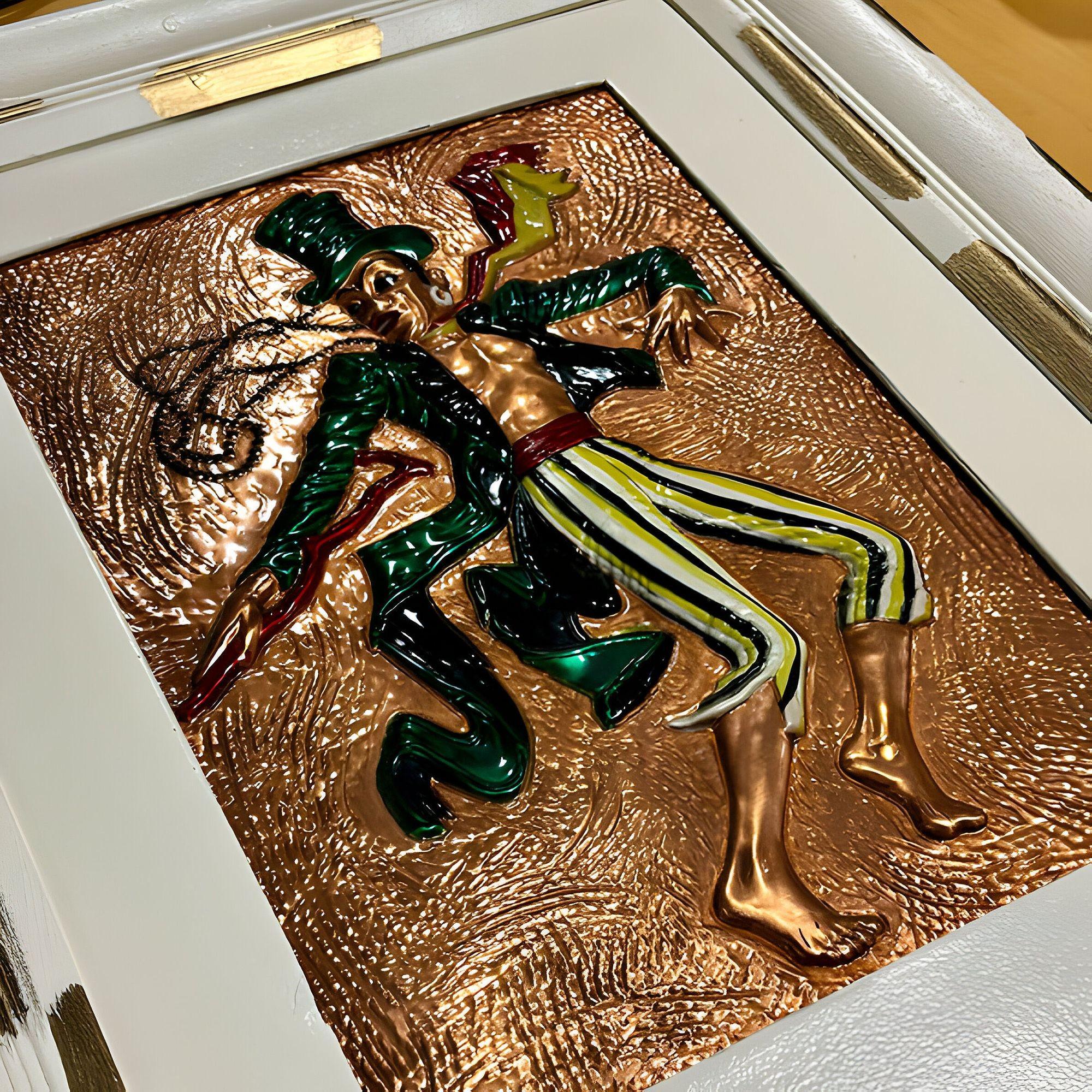 Mid-century Hand Painted Hammered Copper Relief Wall Art Framed, Pair In Excellent Condition For Sale In Van Nuys, CA
