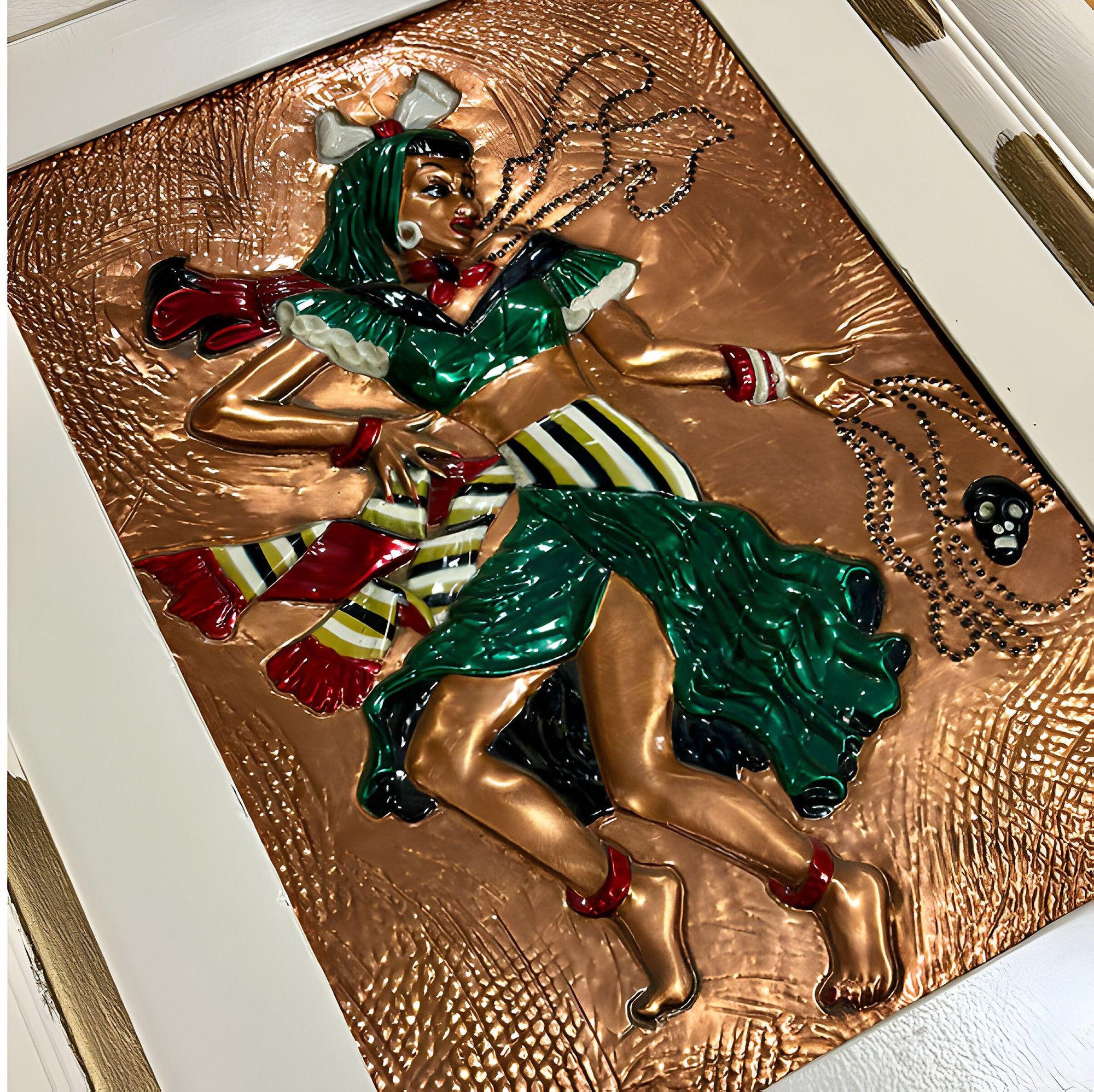 Mid-century Hand Painted Hammered Copper Relief Wall Art Framed, Pair For Sale 2