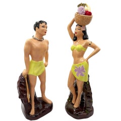 Mid-Century Hand Painted Hawaiian Hula Girl & Male Surfer Ceramic Statue Set