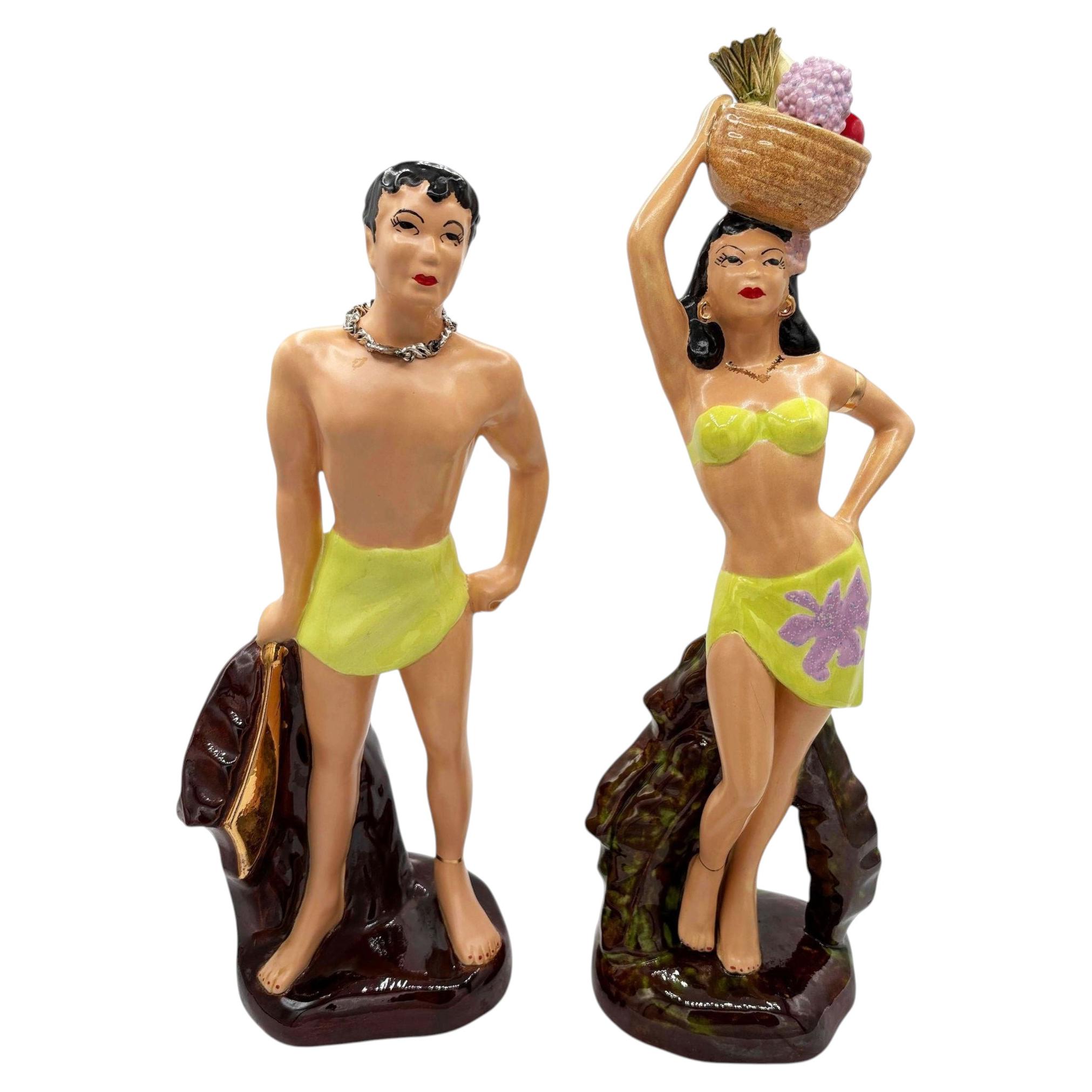 Mid-Century Hand Painted Hawaiian Hula Girl & Male Surfer Ceramic Statue Set For Sale