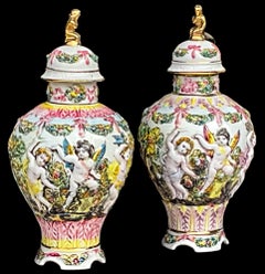 Mid-Century Hand Painted Italian Capodimonte Pottery Ginger Jars W/ Cherubs - 2