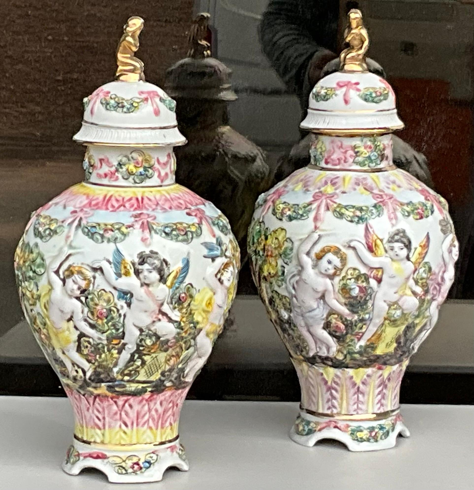 Mid-Century Hand Painted Italian Capodimonte Pottery Ginger Jars W/ Cherubs - 2 1