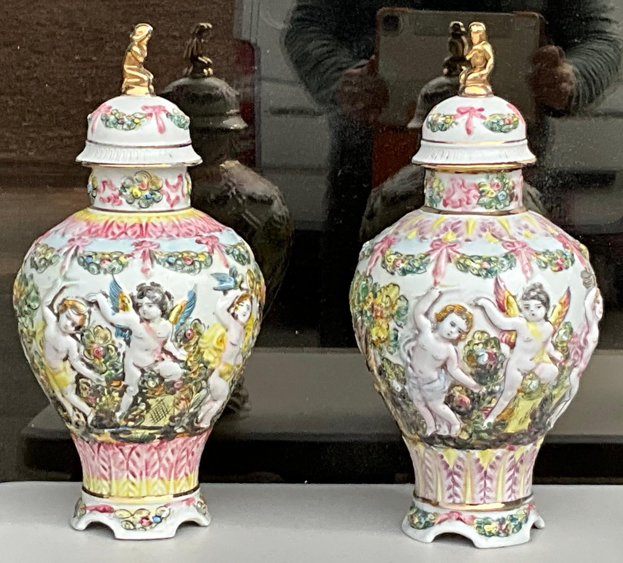 Mid-Century Hand Painted Italian Capodimonte Pottery Ginger Jars W/ Cherubs - 2 2