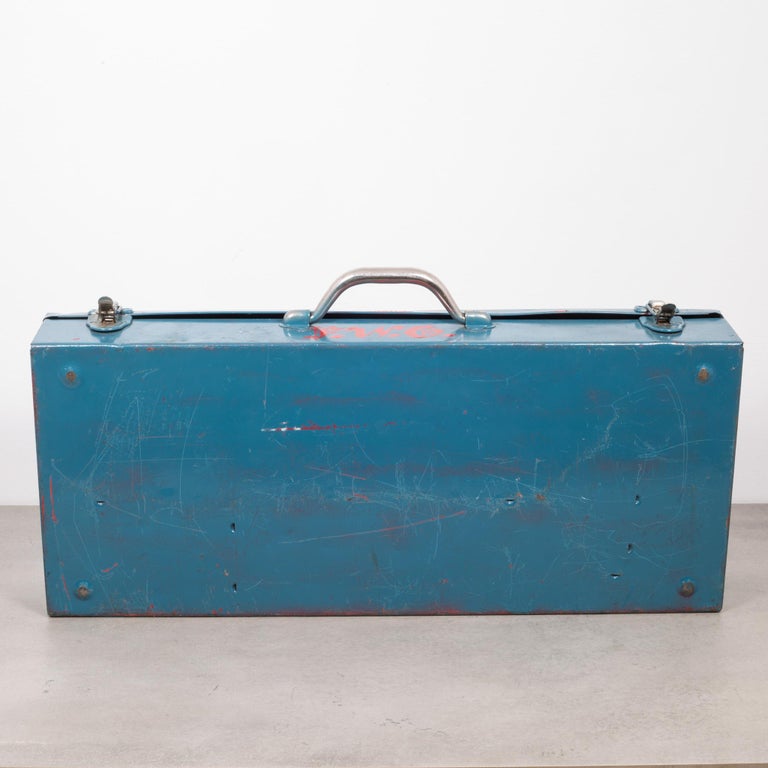 Midcentury Hand Painted Metal Blue Toolbox, circa 1950 For Sale at 1stDibs