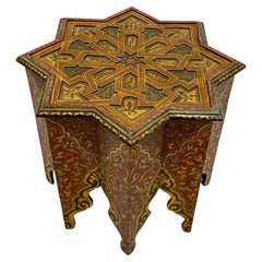 Mid-Century Hand Painted Moroccan Star Form Carved Side Table