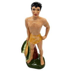 Mid-Century Hand Painted Native Surfer w/ Gold Machete Ceramic Sculpture